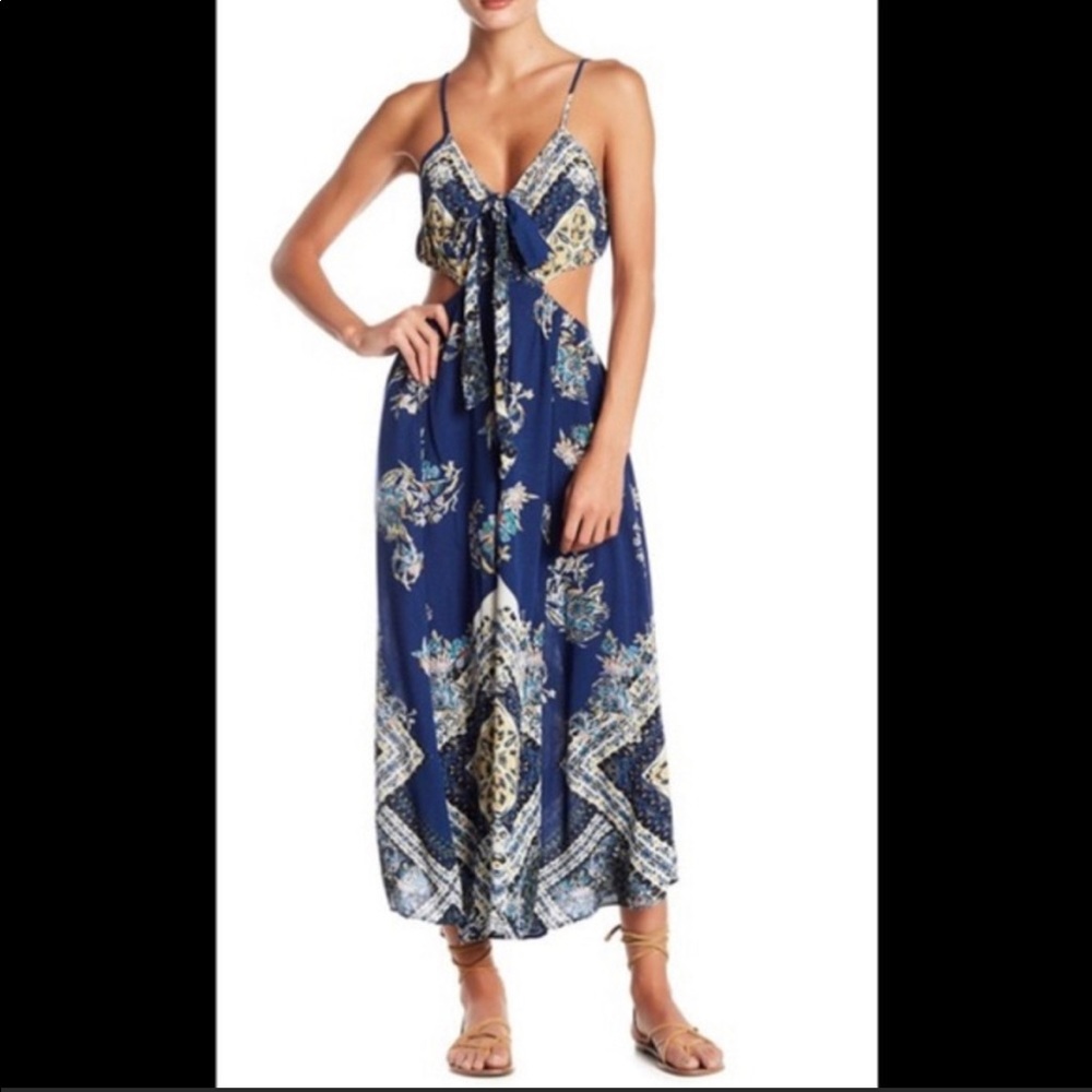 Free People Bella Navy Blue Print Cutout Jumpsuit
